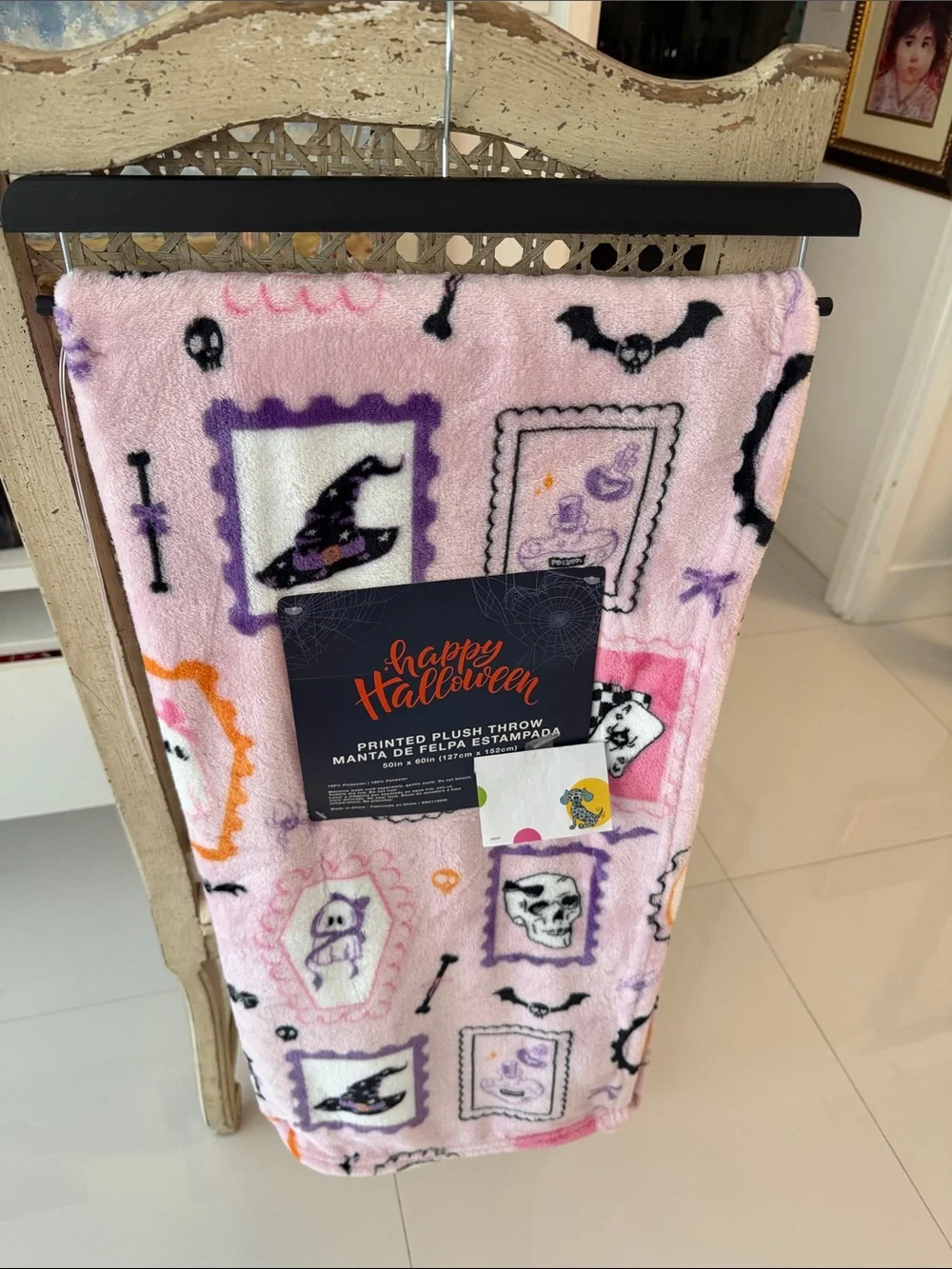 Happy Halloween Pink/White/Black Skulls/Ghosts/Bats/Bows Plush Throw Blanket